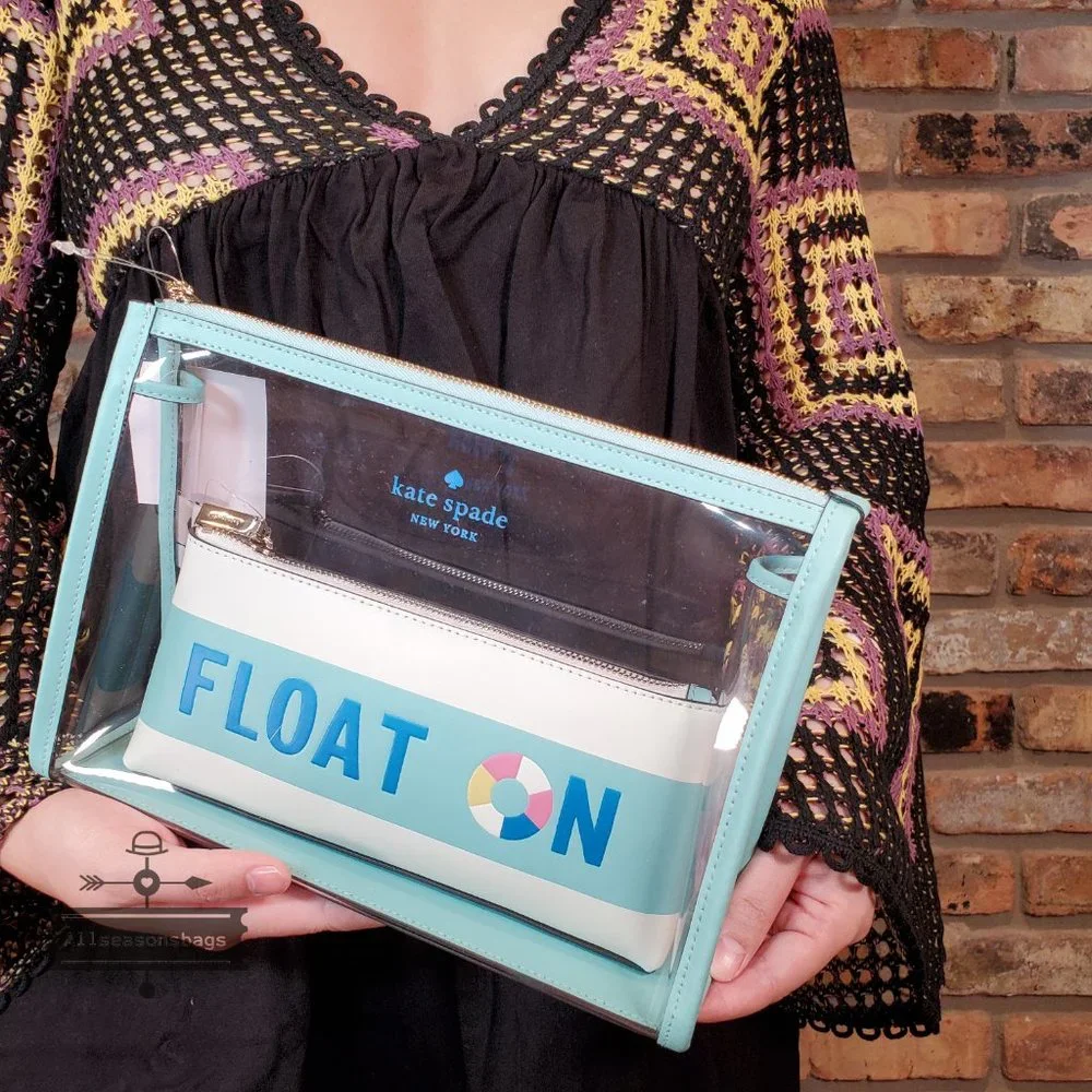 Kate Spade Pool Float Makeup Bag Duo Clear 2 In 1 Poolside Blue White Stripe NWT - Picture 3 of 3